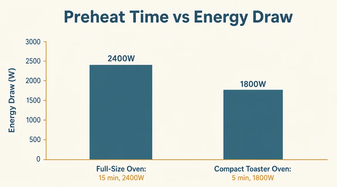 Comparison chart showing preheat time and energy use for a compact toaster oven versus a full-size wall oven