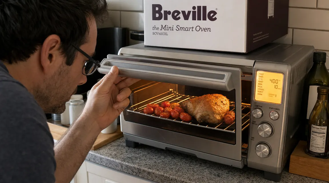 Roasted vegetables and a small chicken breast on a wire rack inside a compact countertop oven
