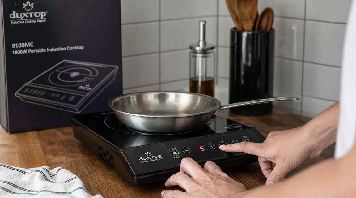 Hand adjusting the power level dial on a Duxtop 1800W induction cooktop