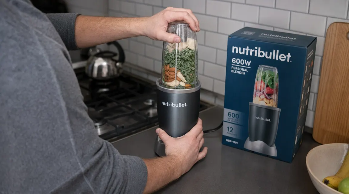 Hand attaching a blending cup to a NutriBullet 600 personal blender base