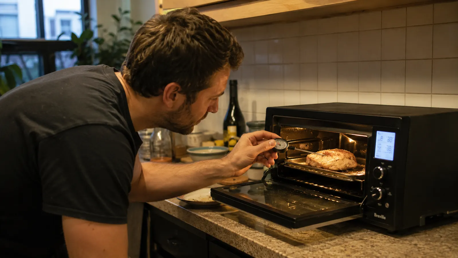 Person checking the internal temperature of a small chicken breast on a tray inside the BOV450XL using a probe thermometer
