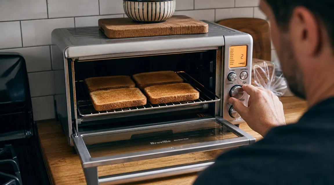 Perfectly golden toast lined up in a compact toaster oven rack, uniform browning across all four slices
