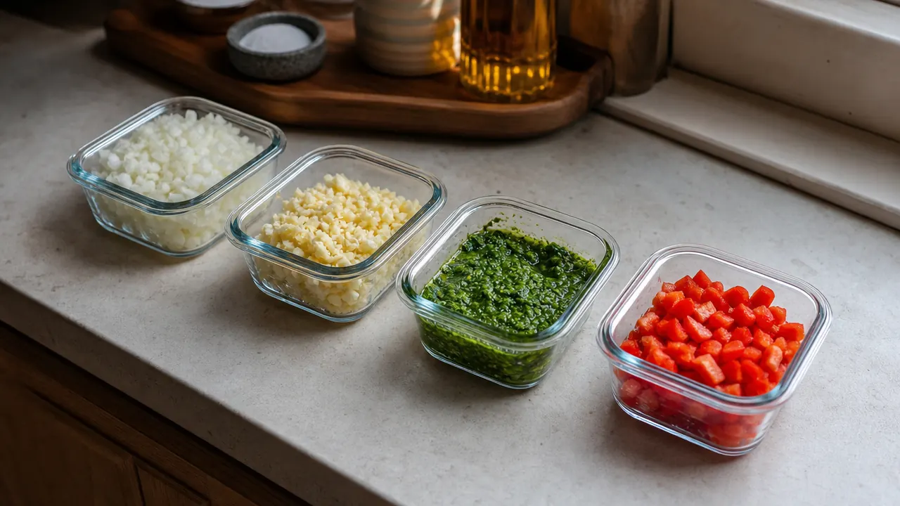 Four small glass containers of prepped ingredients lined up on a kitchen counter, ready for the week