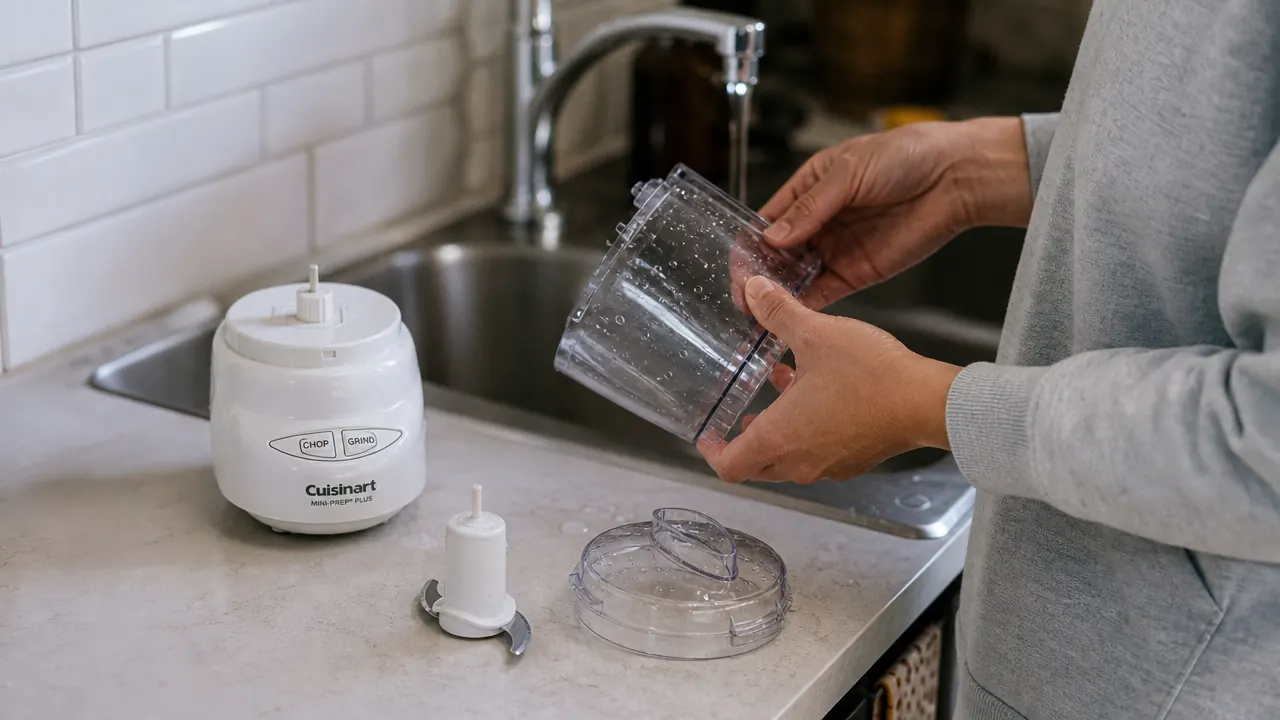 Cuisinart Mini-Prep Plus disassembled next to a sink showing how few parts need washing