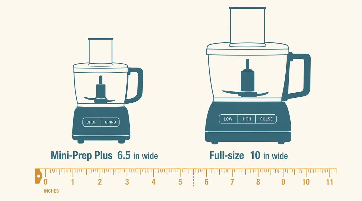 Side-by-side ruler measurement showing the Mini-Prep Plus footprint versus a standard large food processor