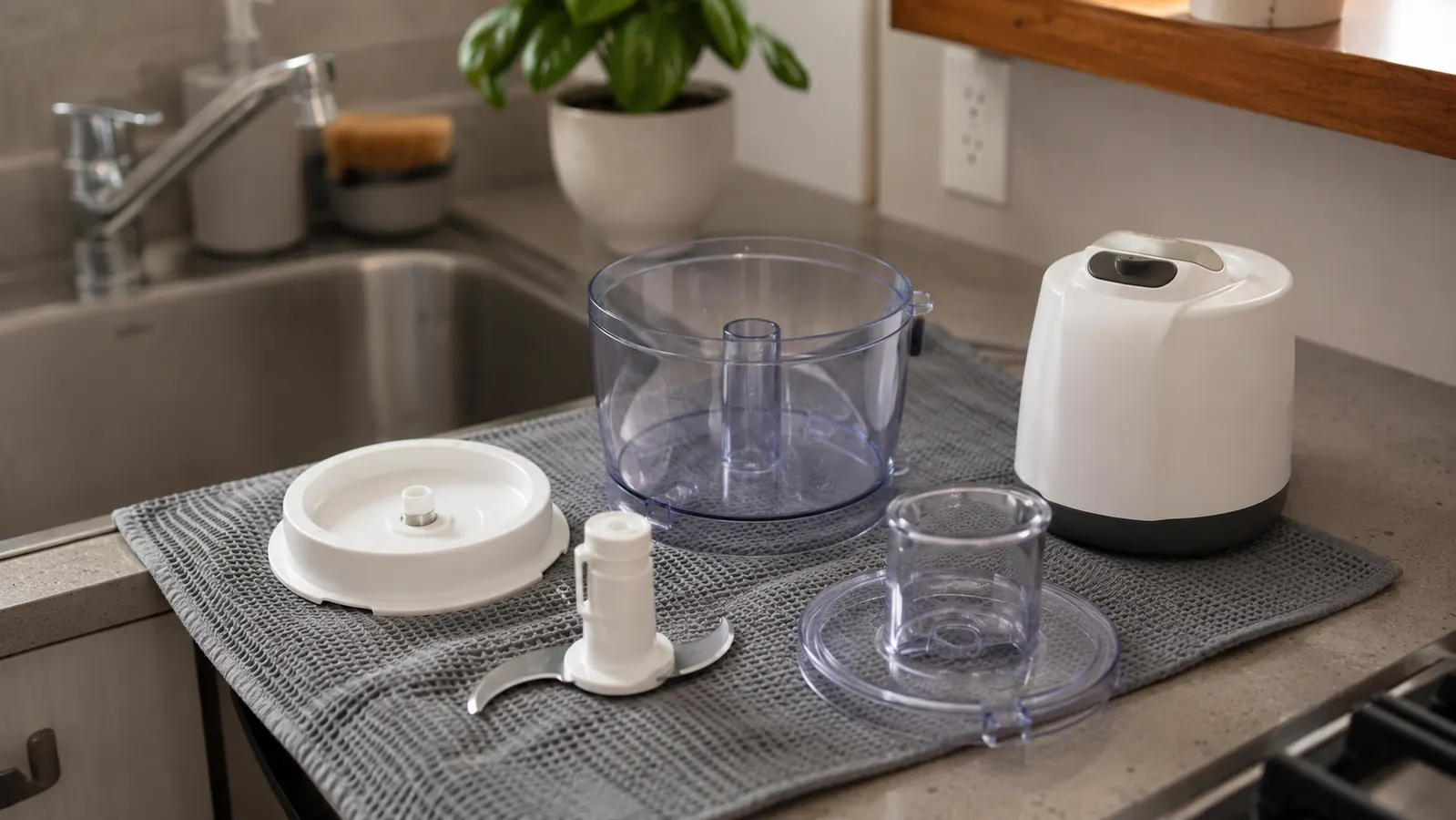 Cuisinart Mini-Prep Plus blade and bowl components laid out on a dish towel for cleaning
