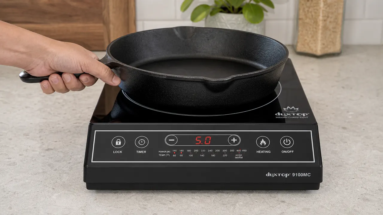 Hand placing a cast iron skillet on the Duxtop induction cooktop surface
