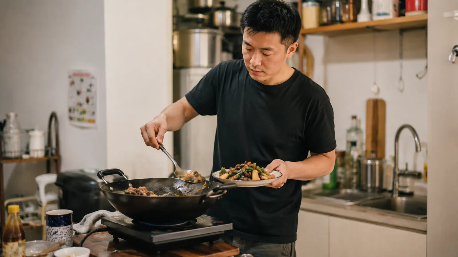 Person serving a bowl of stir-fried vegetables and rice from a wok on a portable induction cooktop in a small kitchen