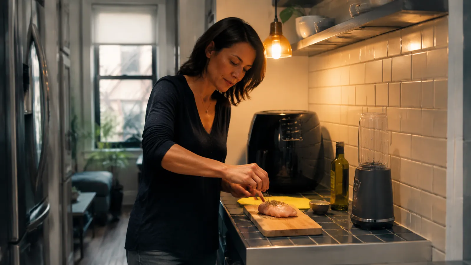 A woman in her fifties at a sunlit kitchen window with coffee and a journal, calm morning light