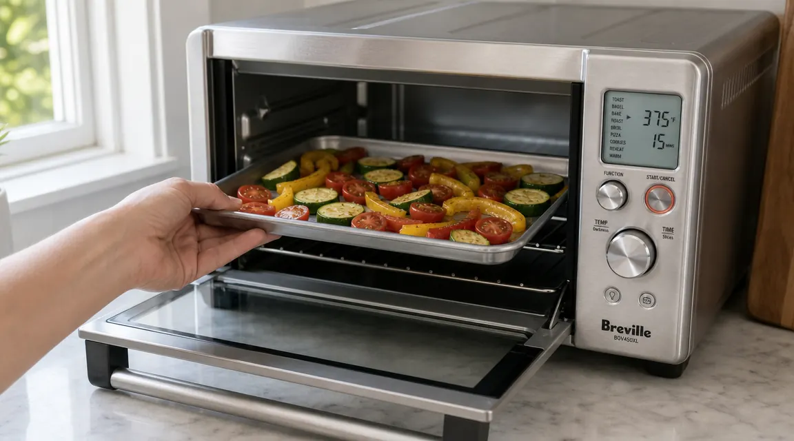 Hand sliding a small baking sheet with seasoned vegetables into a compact toaster oven