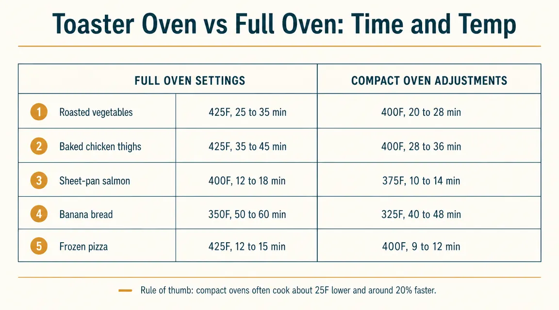 Temperature and time comparison chart: compact toaster oven versus full-size oven for common recipes