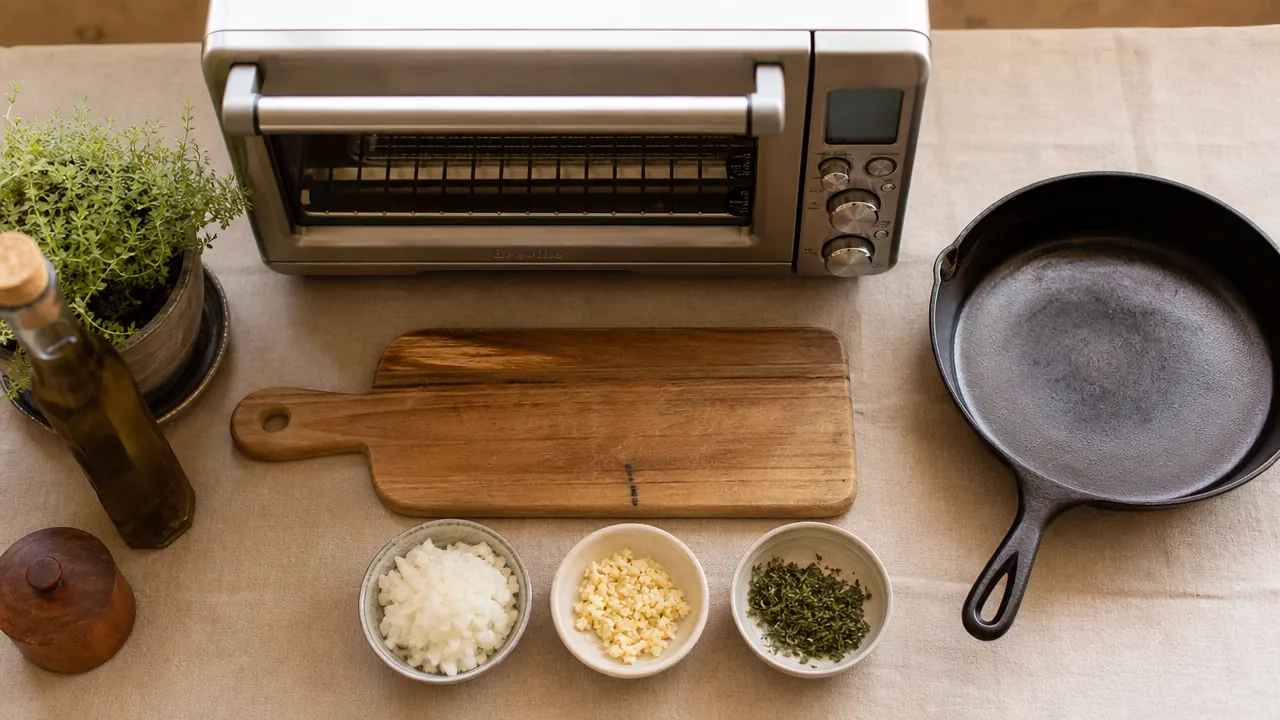 Overhead view of a small apartment kitchen with a toaster oven, cutting board, and mise en place prep bowls showing organized small-space cooking