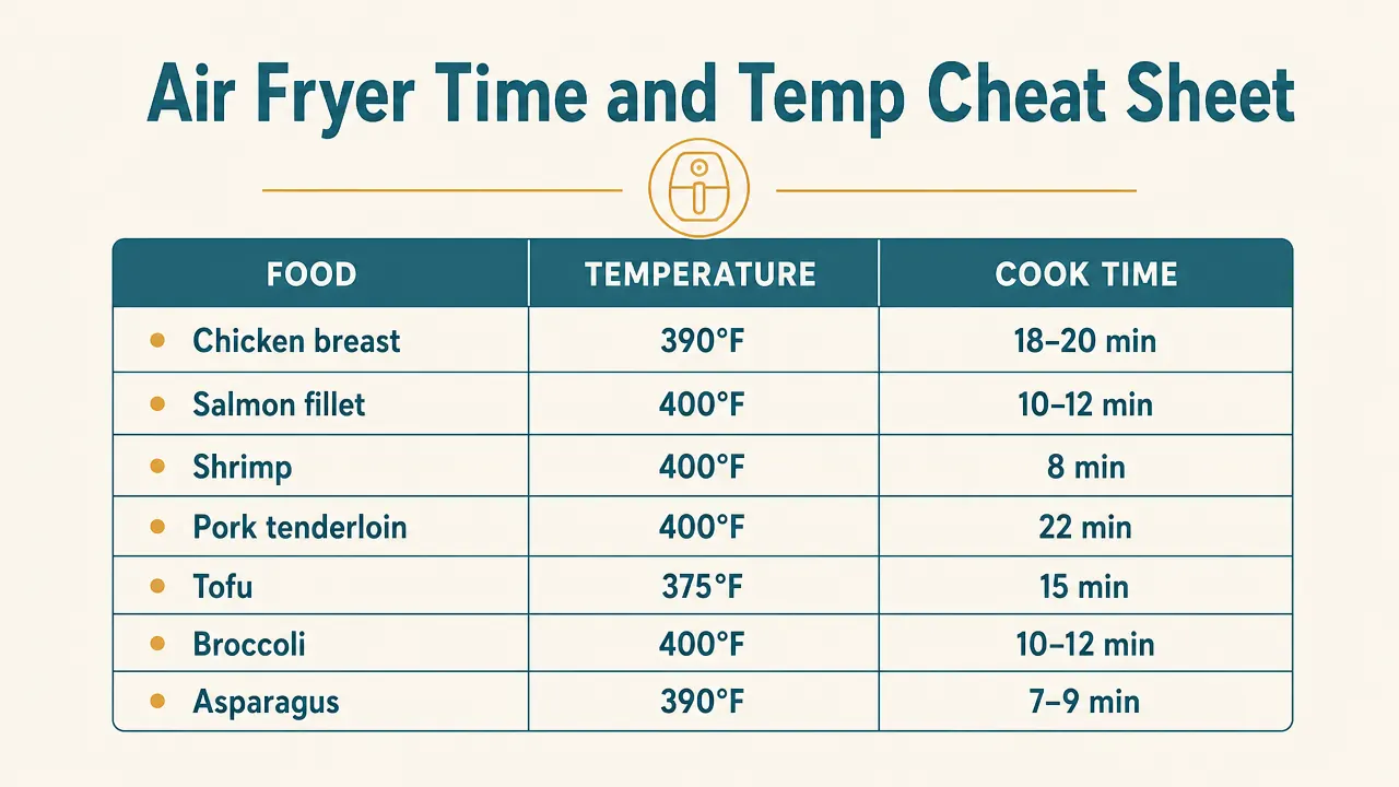 Chart showing air fryer cooking temperature and time ranges for five common proteins and two vegetable types