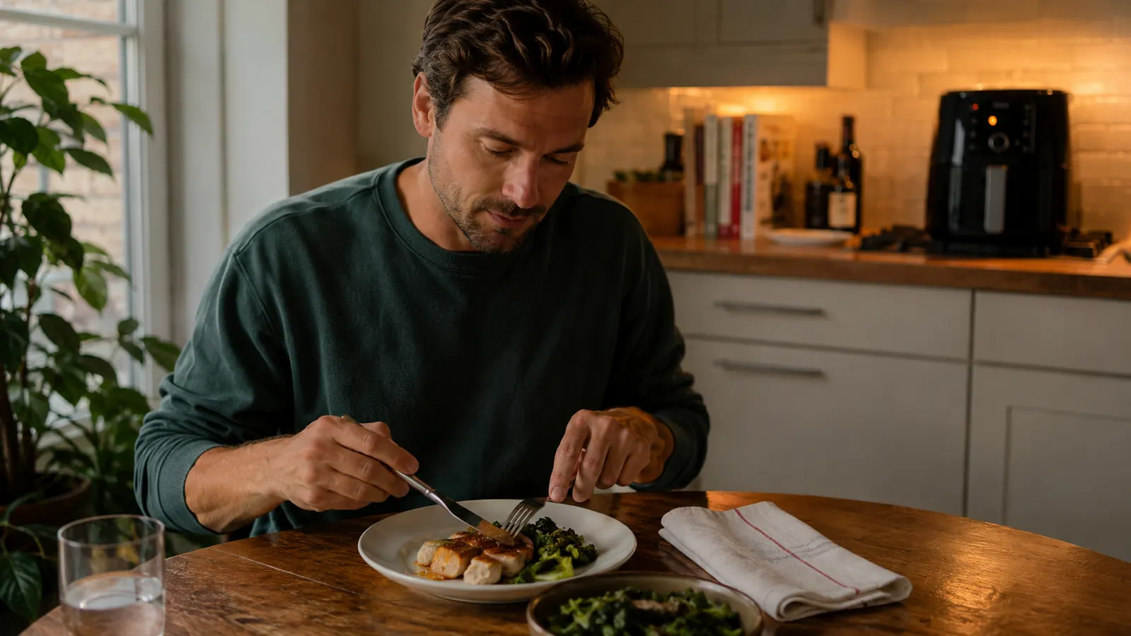Person eating a full plated dinner at a small apartment dining table, air fryer visible on counter in background