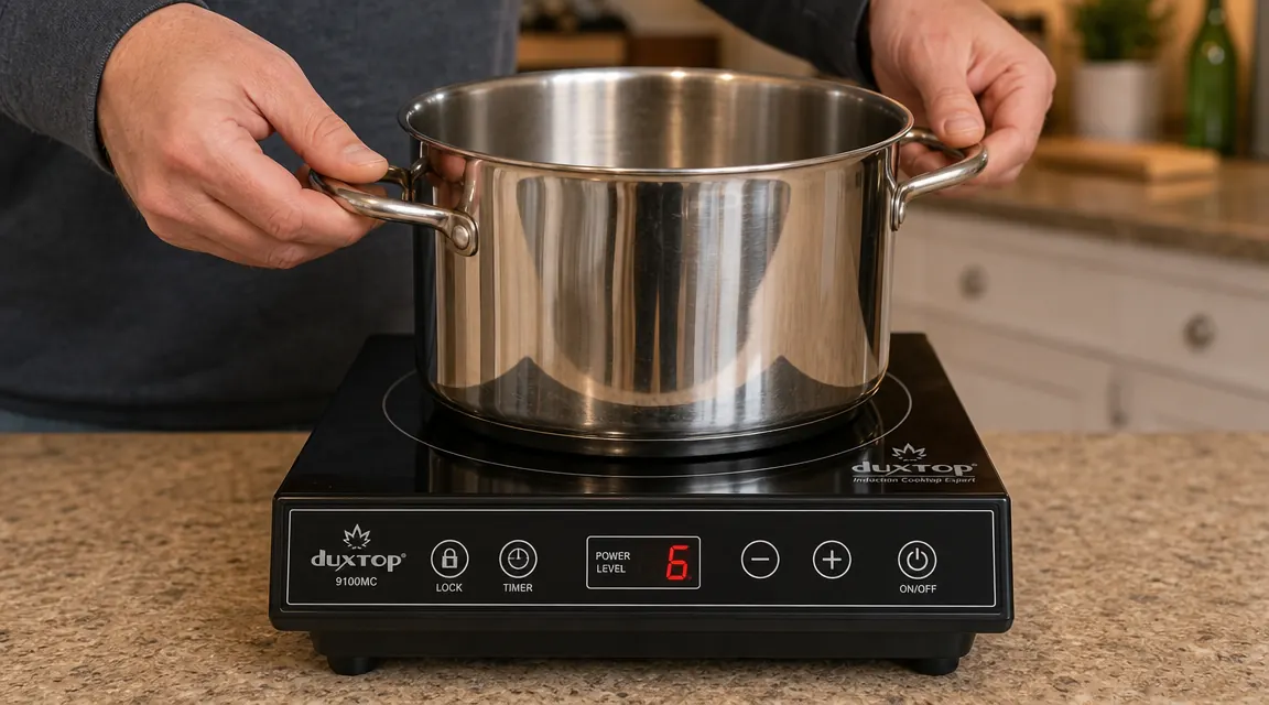 Hand placing a magnetic stainless steel pot onto the Duxtop 1800W induction cooktop surface, sensor panel lit up