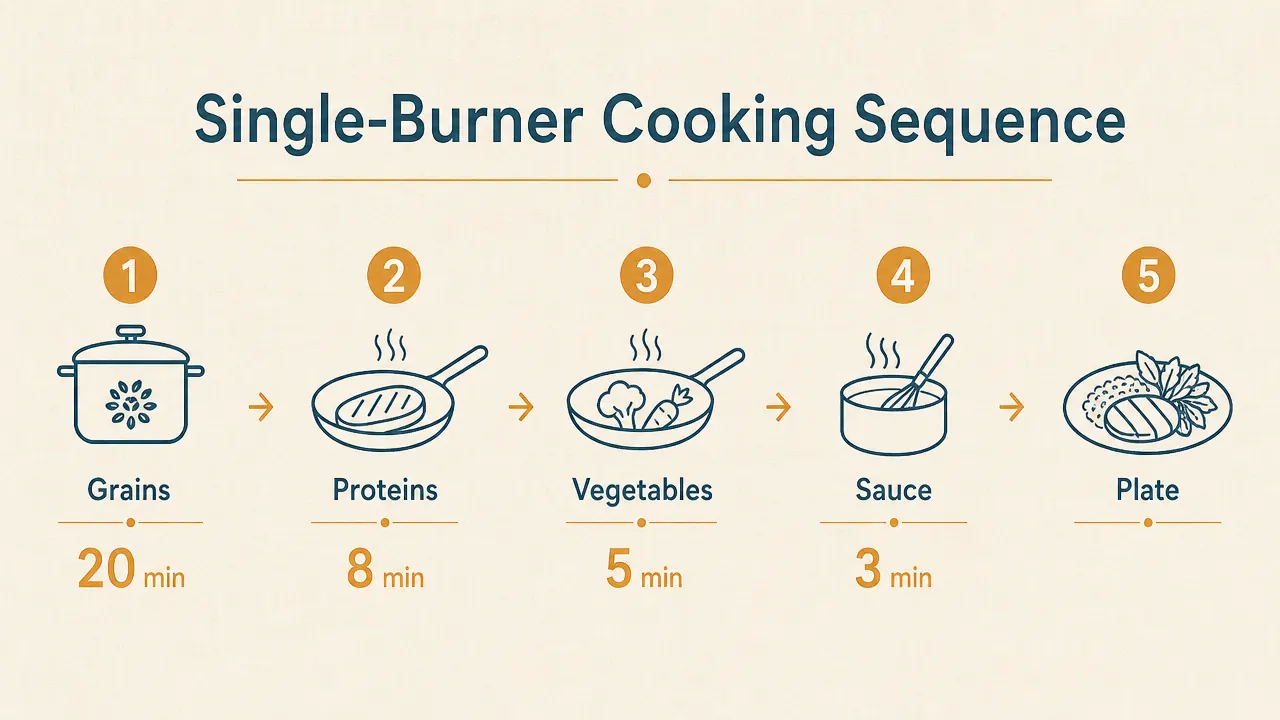 Diagram showing a five-step single-burner meal sequencing chart: grains first, then proteins, then vegetables, then sauce, then plate