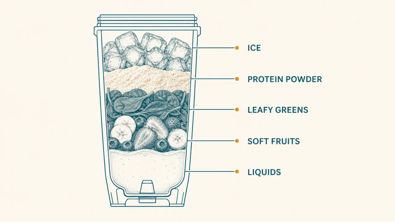 Diagram showing correct ingredient layering order inside a personal blender cup from bottom to top
