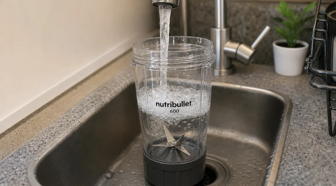 NutriBullet cup rinsed under kitchen faucet immediately after blending, showing quick cleanup