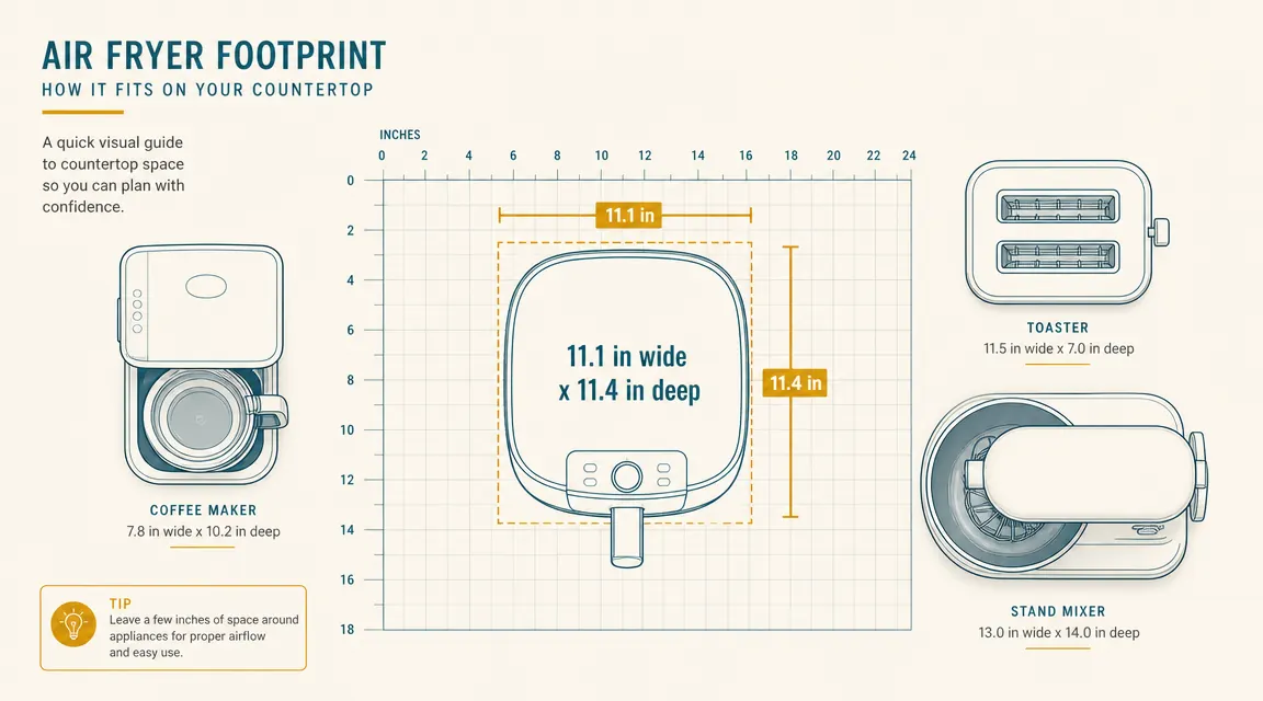 Top-down measurement diagram showing the Ninja AF101 footprint at 11.1 inches wide by 11.4 inches deep on a kitchen counter
