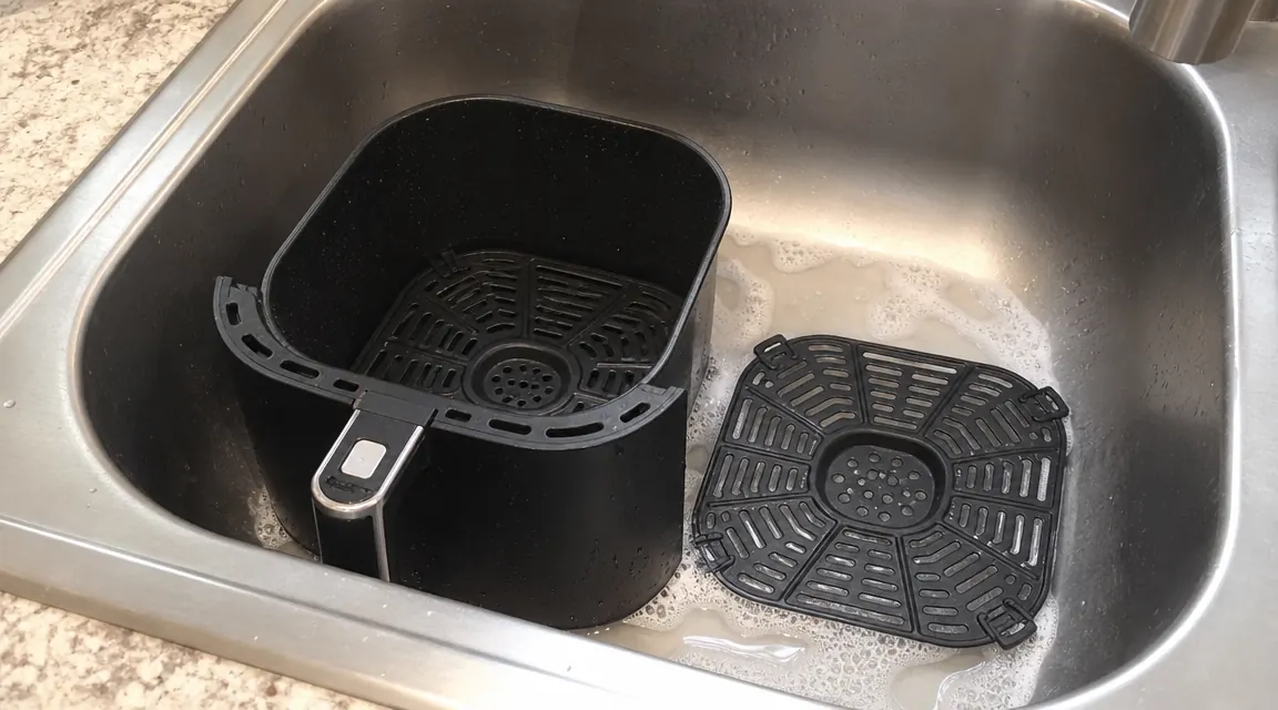 Ninja AF101 air fryer basket and crisper plate pulled out and resting in a small sink for cleaning