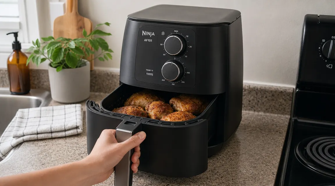 Hand opening the Ninja AF101 drawer to check on chicken thighs mid-cook, kitchen in background