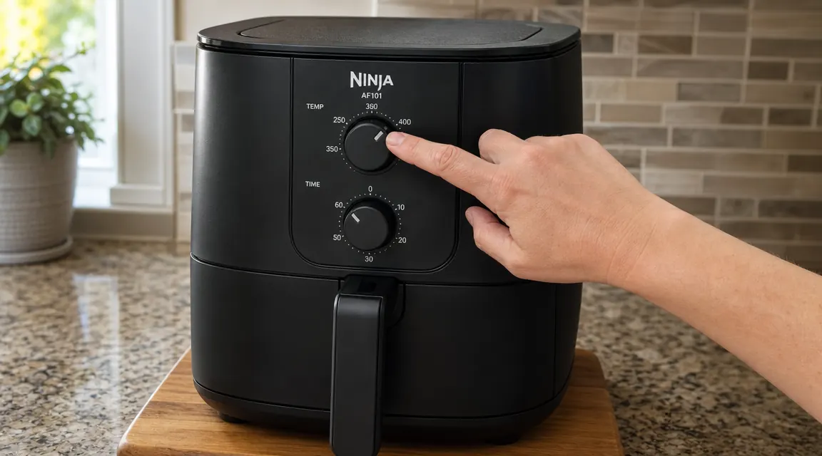 Hand pressing the temperature dial on the Ninja AF101 air fryer sitting on a wooden cutting board
