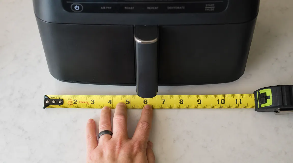 Overhead measuring tape next to air fryer base showing 11 inches width on a kitchen counter