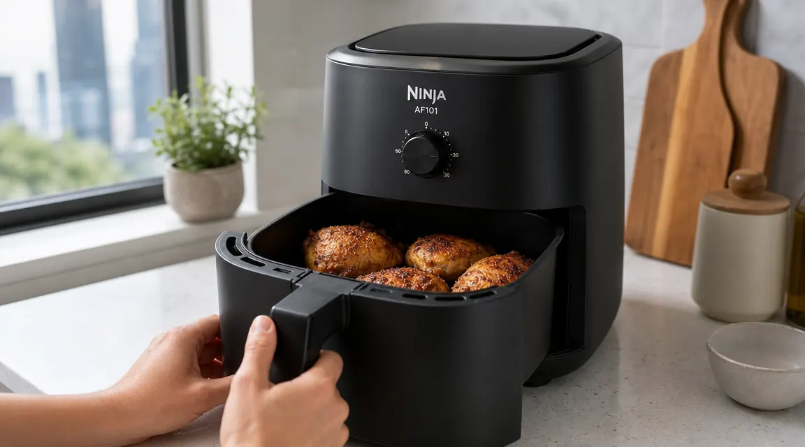 Hands lifting the air fryer basket to check crispy chicken thighs inside, stainless steel bowl nearby on counter