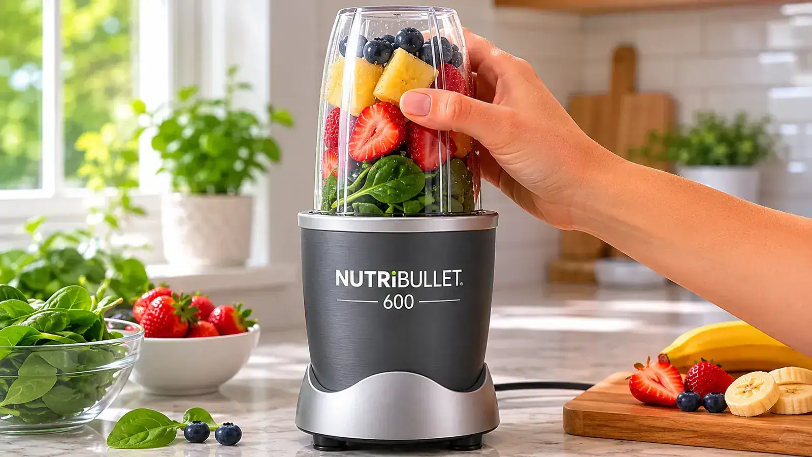 Hand pressing down the NutriBullet 600 cup onto the base to start blending on a small kitchen counter